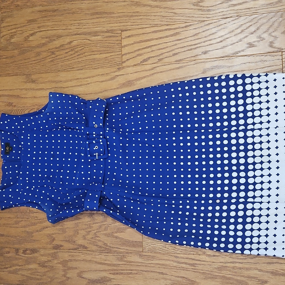 I LE New York Blue and White Dotted Belted Sheath Dress Size 12